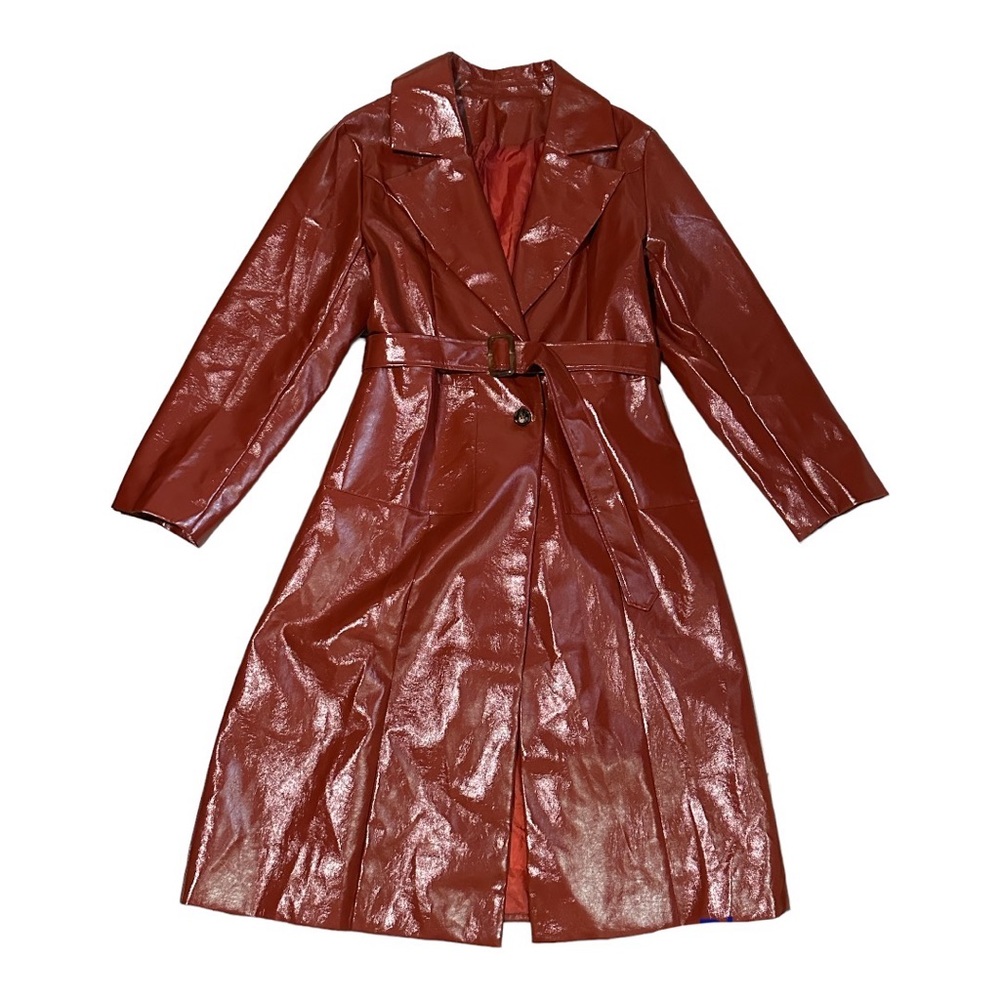 Womens Cognac Vinyl Longline Button-Up Belted Trench Coat